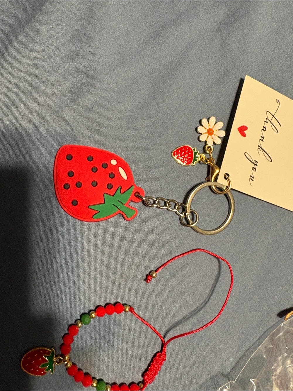 Strawberry Keychain Charm with bracelet and 3 strawberry mini goat milk soaps - Picture 11 of 17